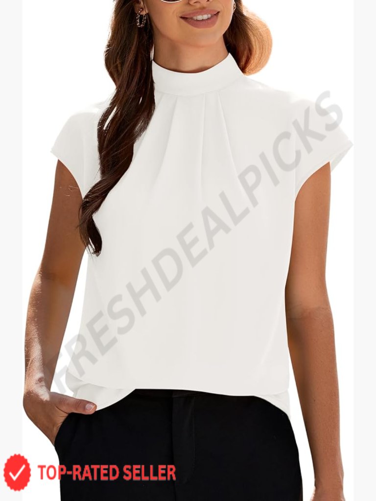 Mock Neck Cap Sleeve Blouse Business Casual Work Tunic Top Front Pleated